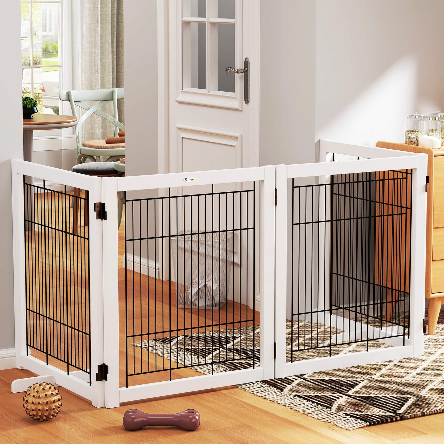 Hondenren – Hondenhek – Hondenafscheiding – Hondenbarrière – Hondenbox – Vouwbaar & Compact – Grenenhout en Stalen Gaas – Wit – 305 x 35,5 x 82 cm