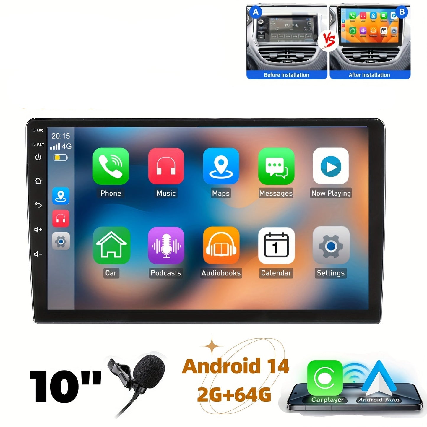Multimedia Autoradio – 2 DIN Autoradio – Auto Stereo – Touchscreen Radio – Multimedia Speler – Met Microfoon – 10,1 Inch Capacitive Scherm – Android 14 Systeem