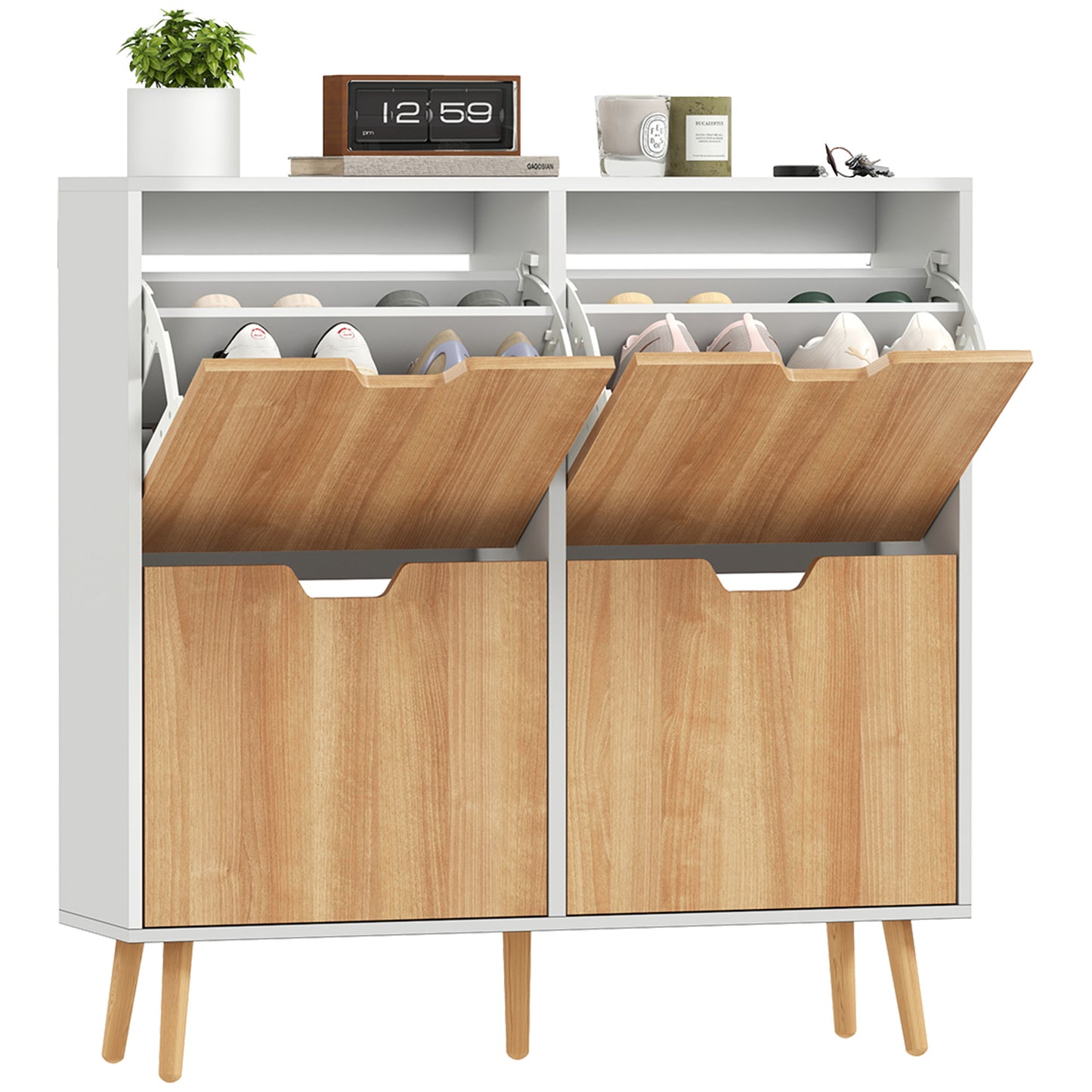Schoenenkast – Schoenenrek – Schoenenopberger – Schoenenbank – 4 Deuren – 16 Paar Ruimte – Spaanplaat Met Houten Poten – Smal En Hoog Design
