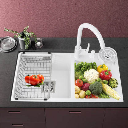 TOOL1SHOOO Large Double Basin Kitchen Sink 304 Stainless Steel with Faucet Double Basin Set Drain Basket Hand Soap Dispenser Top And Bottom Mount Modern White Sink with High Overflow Hole