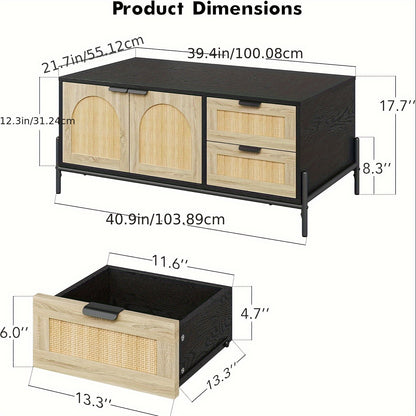 Salontafel – Koffietafel – Bijzettafel – Woonkamertafel – Banktafel – Mid-Century Modern Riet – MDF & Metaal – Verstelbare Poten