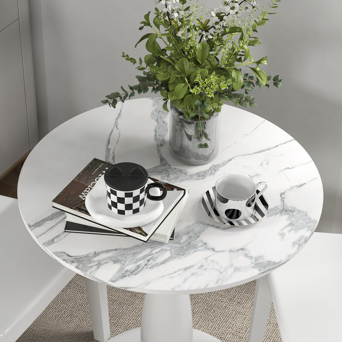 Ronde Eettafel – Ronde Tafel – Compact Eettafeltje – Kleine Keukentafel – Bistrotafel – MDF Melamine Blad – Gepoedercoat Stalen Onderstel 70x74 cm Wit