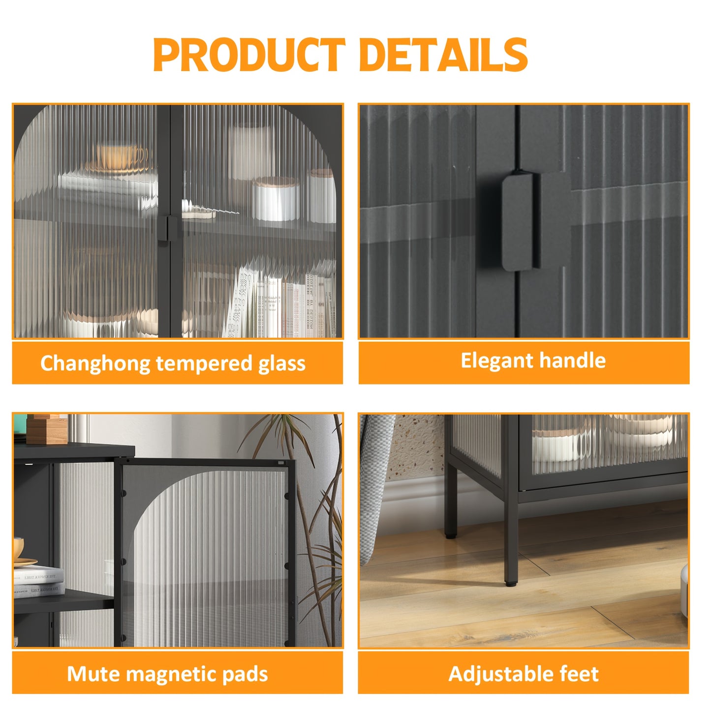 Living Room Bedroom Kitchen Metal Sideboard, Accent Storage Cabinet with 2 Glass Doors and Adjustable Shelves for Coffee Bar or Hallway Decor - H80cm×W80cm×D35cm