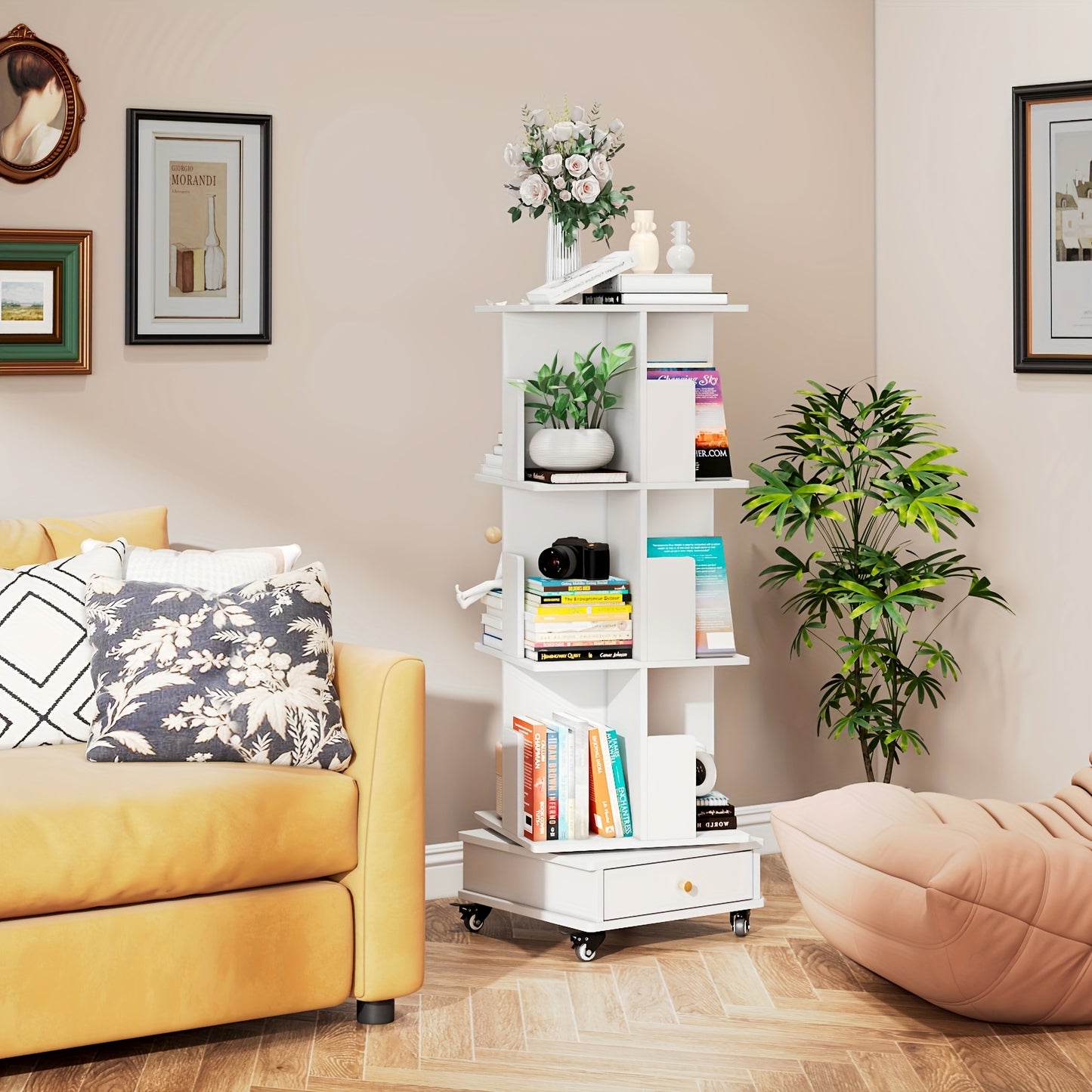 Boekenkast – Boekenrek – Opbergkast – Draaibare Kast – Mobiele Boekenkast – 3-laags met Lade – 360° Draaibaar met Vergrendelbare Wielen – Duurzaam Hardhout, Compact & Ruimtebesparend