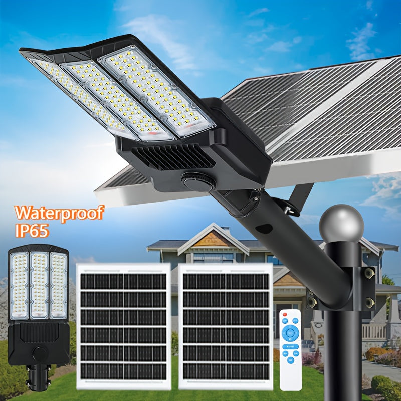 Aluminum Solar Street Light with 2 Solar Panels, High-Power Outdoor Commercial Parking Lot Lamp for Twilight to Dawn Solar Security Floodlight Yard Pathway Solar Lights