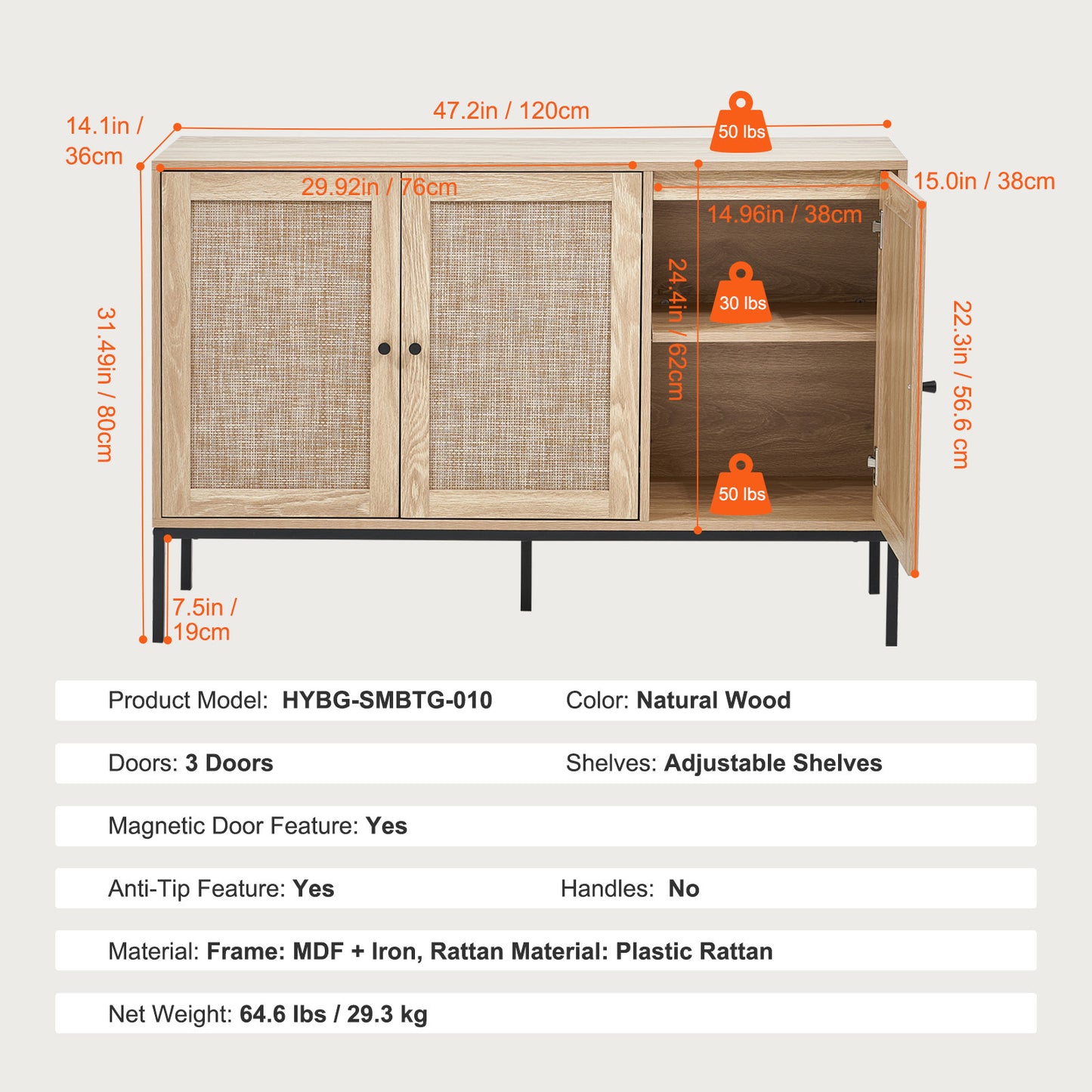 Rotan kast – Rattan kast – Opbergkast – Dressoir – Ladekast – Handgevlochten deuren – Verstelbare planken – 120 cm breed – Natuurlijk materiaal
