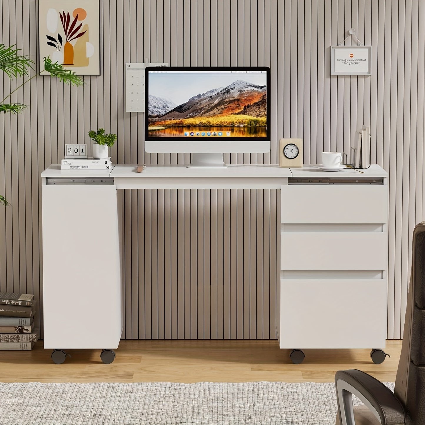 Uitschuifbaar Bureau – Werktafel – Schrijftafel – Computerbureau – Bureau Met Laden – Wit – 66-120 cm Uitbreidbaar – Met Wieltjes En Opbergruimte