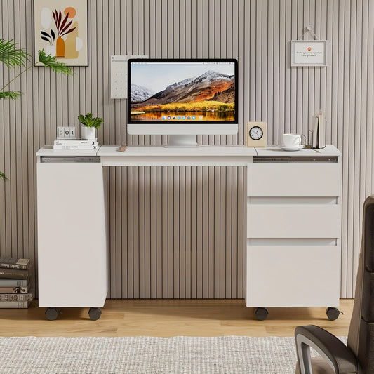 Uitschuifbaar Bureau – Werktafel – Schrijftafel – Computerbureau – Bureau Met Laden – Wit – 66-120 cm Uitbreidbaar – Met Wieltjes En Opbergruimte
