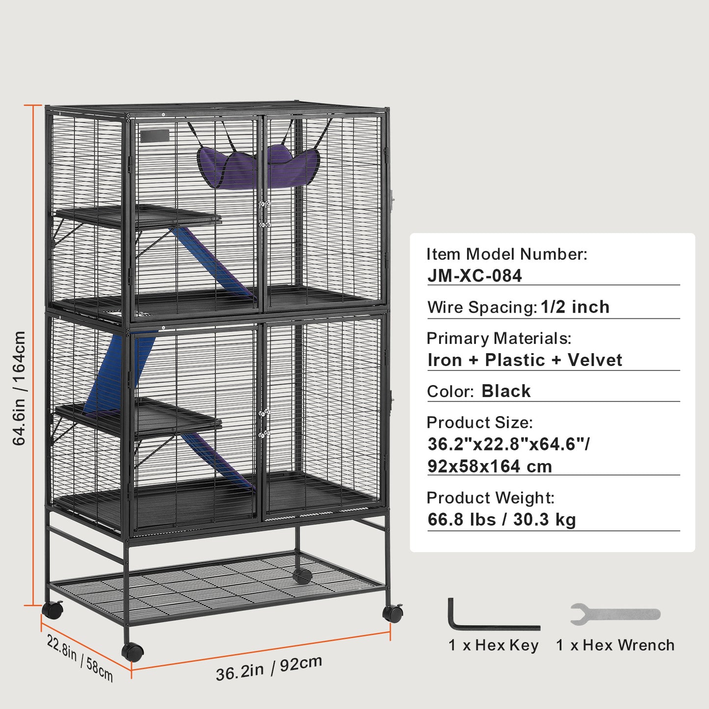 Dierenkooi Voor Kleine Huisdieren – Frettenkooi – Knaagdierkooi – Chinchillakooi – Caviakooi – Ruim 92x58x164 cm – Met 4 Platforms En Mobiele Wielen
