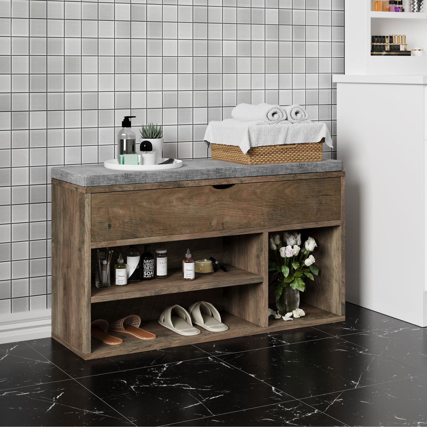 Schoenenbank – Schoenenopberger – Zitbank – Schoenenrek – Halbank – Donkerbruin – Opbergruimte Met Lift-Up Deksel – Extra Dikke Zitting Voor Comfort