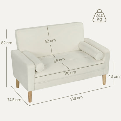 2-zitsbank – Tweezitsbank – Zitbank – Sofa – Loveseat – Crèmekleurig Fluweel – Compact 130 cm Breed – Rubberen Poten