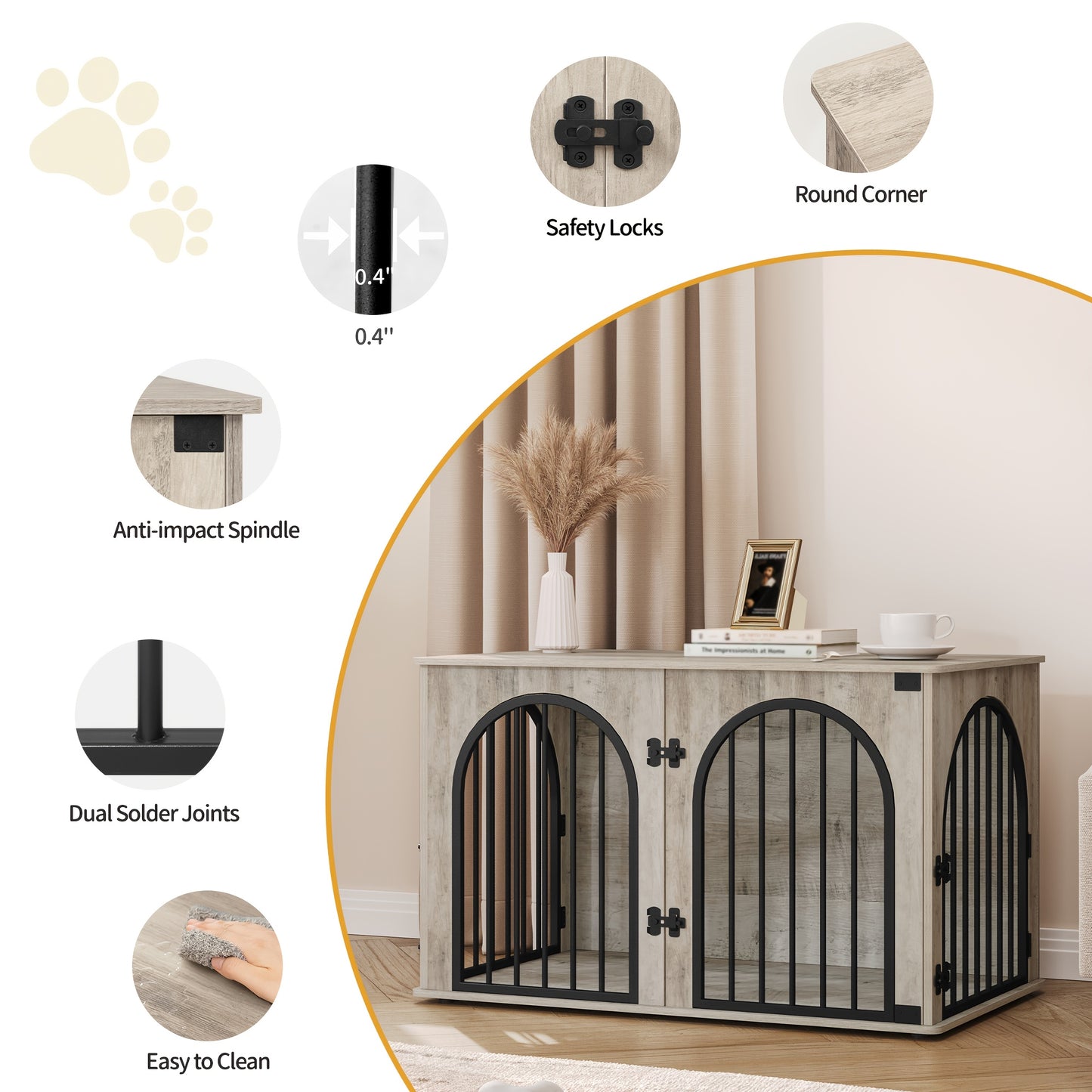 Hondenbench – Hondenkooi – Hondenhok – Hondenren – Hondenkooi Met Tafel – Extra Groot 3-Deurs – Dubbel Veiligheidsslot – Robuuste IJzer En Hout Constructie – Wit Met Houtaccent – Geschikt Voor Middelgrote Tot Grote Honden 60x100x63 cm