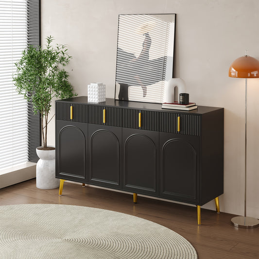 Dressoir – Opbergkast – Ladekast – Commode – TV-meubel – Mat Zwart Met Gouden Accenten – 4 Deuren En 4 Laden – Hardhout Met Afneembaar Laminaat – 140 cm Breed