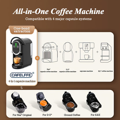 Koffiecupmachine – Capsulekoffiemachine – Espresso-apparaat – Koffiezetapparaat – Machine voor Koffiecapsules – 4-in-1 Compatibel met Diverse Capsules – 19 Bar Pomp met LCD Display