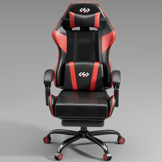 Gamingstoel – Bureaustoel – Office Chair – Game Chair – Draaistoel – Met Memory Foam Lendensteun – Uitschuifbare Voetensteun Zwart/Rood