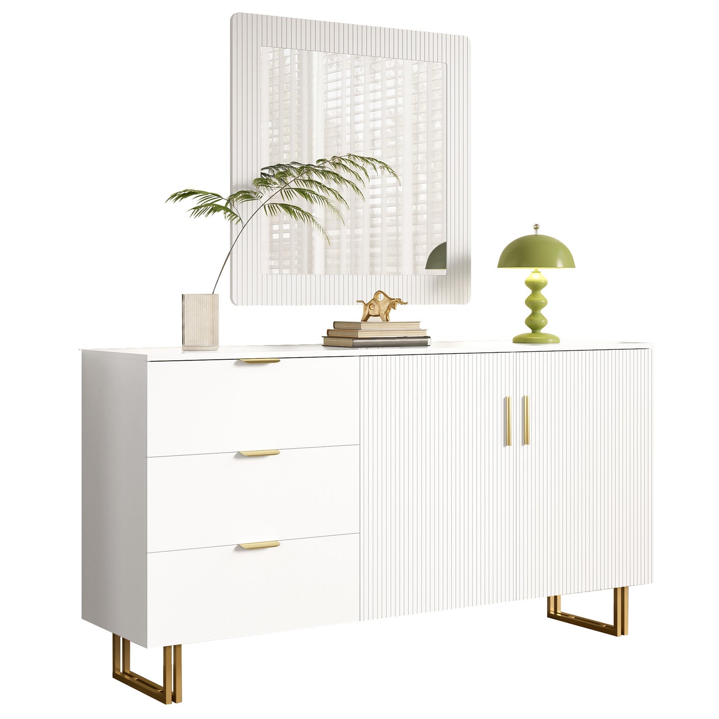 Spiegel en Sideboard Set – Wandspiegel – Dressoir – Opbergmeubel – Kastje – Wit met Gouden Accenten – 80x80 cm Spiegel – 3 Lades en 2 Deuren