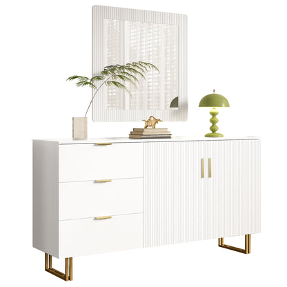 Spiegel en Sideboard Set – Wandspiegel – Dressoir – Opbergmeubel – Kastje – Wit met Gouden Accenten – 80x80 cm Spiegel – 3 Lades en 2 Deuren