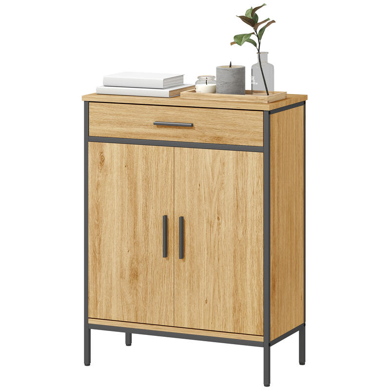 Industrial Modern Bathroom Shelf Cabinet with Two-Tier Shelves & Large Drawer - Freestanding Bathroom Storage Organizer with Oak Finish, Sturdy Construction, Space-Saving Design for Bathroom, Kitchen, or Living Room - Moistur