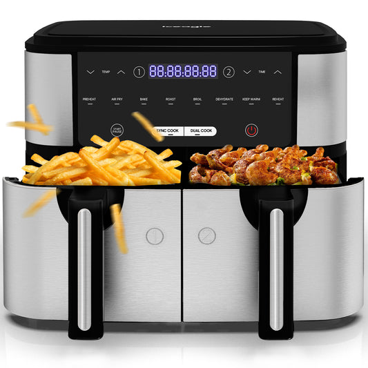 Airfryer – Heteluchtfriteuse – Friteuse Zonder Olie – Gezond Frituren – Dubbele Bak – 10L XXL Capaciteit – 2600W Vermogen – 200°C Maximaal Temperatuur