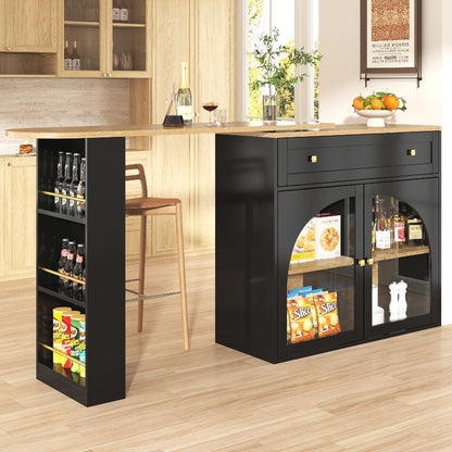 Uitschuifbare Bartafel – Hoge Tafel – Keukeneiland – Bistrotafel – Opberggedeelte – 138-204x39x104 cm – 360° Draaibaar – Modern Zwart Glas