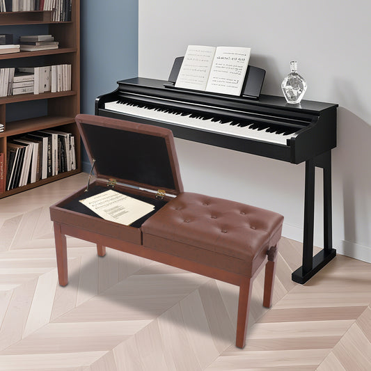 Pianobank – Pianokruk – Keyboardbank – Piano Stoel – Pianobench – Dubbele Zitplaats – Verstelbare Hoogte Met Opbergruimte – Hout Met PU Bekleding – Bruin Met Gouden Poten – Maximaal 200 kg Draagkracht