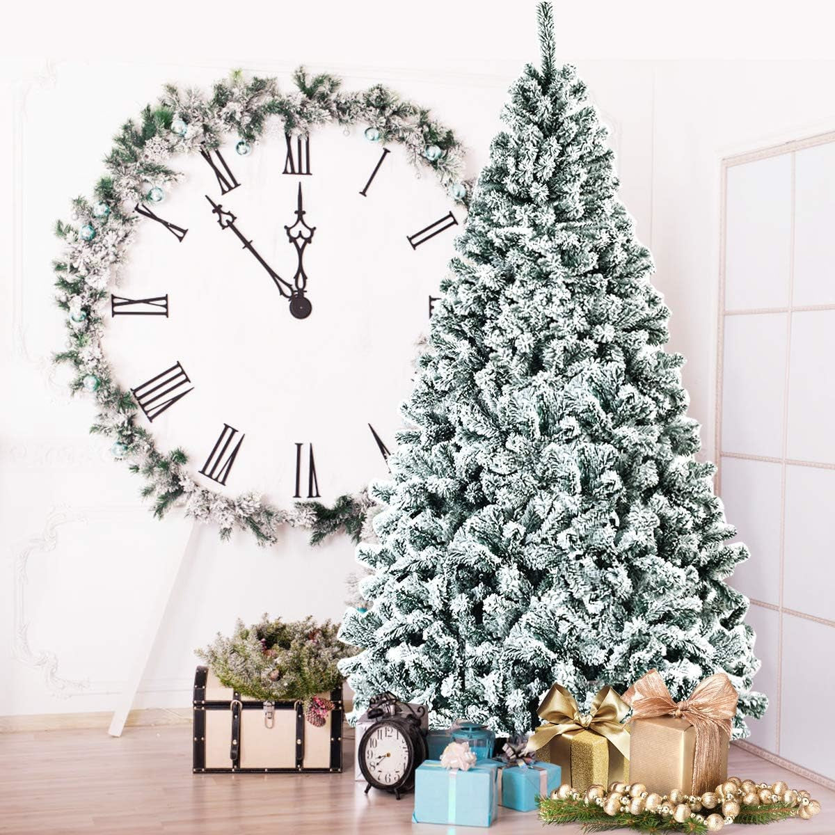 Kunstkerstboom – Nepboom – Kerstboom X-mas – Versierboom – 225 CM Hoog – 1010 Tips – Sneeuw Bestoven PVC Bladeren – Stevig Metalen Voet – Gemakkelijk In Elkaar Te Zetten – Groen