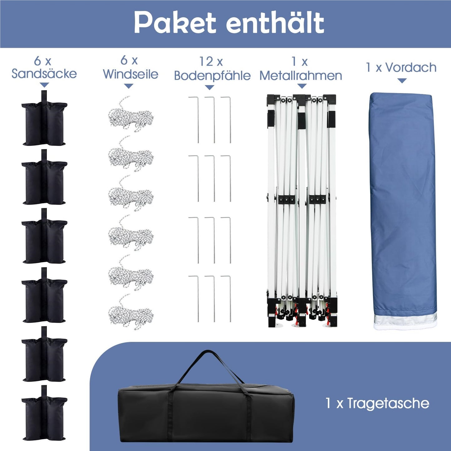 Opvouwbare Partytent – Vouwtent – Tent – Paviljoen – Tuinpaviljoen – Waterbestendig – UV Bescherming 50+ – 3x6m – Hoogte Verstelbaar – Blauw