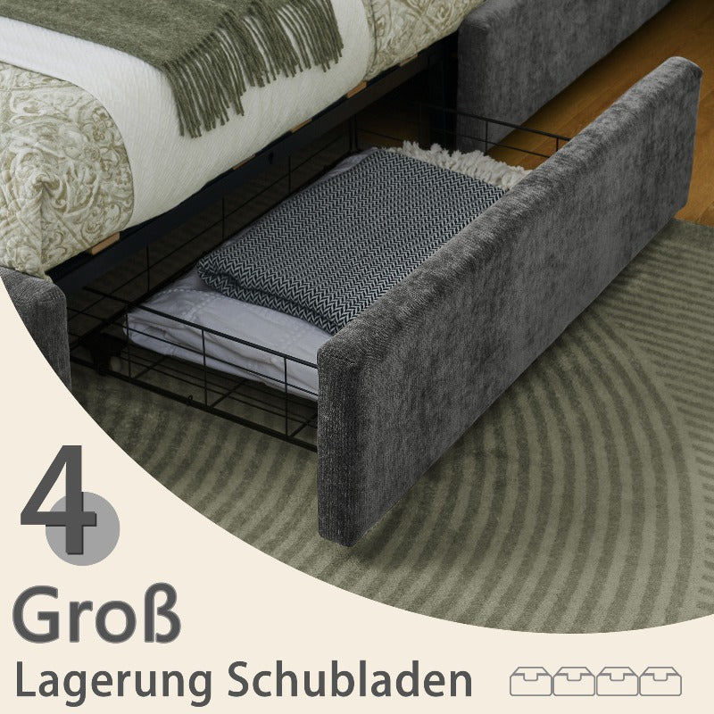 Ledikant – Bedframe – Slaapbank – Bedbank – Stalen Bed – 140x200 cm – Donkergrijs Chenille – 4 Grote Opbergladen – Eenvoudige Montage