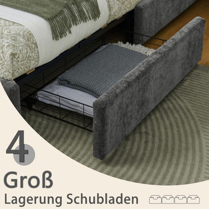 Ledikant – Bedframe – Slaapbank – Bedbank – Stalen Bed – 140x200 cm – Donkergrijs Chenille – 4 Grote Opbergladen – Eenvoudige Montage