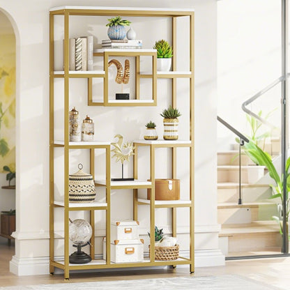 Golden & White 180.34cm Modern Tall Bookshelf - 11-Tier Large Heavy-Duty Bookcase with Geometric Cubed Design, Freestanding Open Shelving Unit, Sturdy Engineered Wood Construction, 68.58cm+ Height & 22.68 KG/Shelf Capacity, S