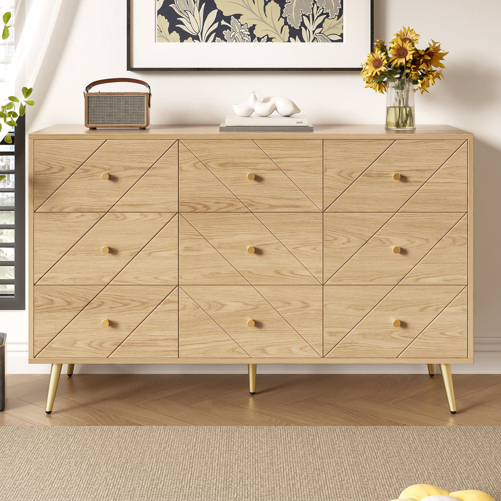 Commode – Ladekast – Dressoir – Sideboard – Opbergkast – Modern Design – 9 Laden Met Gouden Poten – Wit Beige – Soepel Schuifmechanisme – Zonder Hout – Zelfmontage