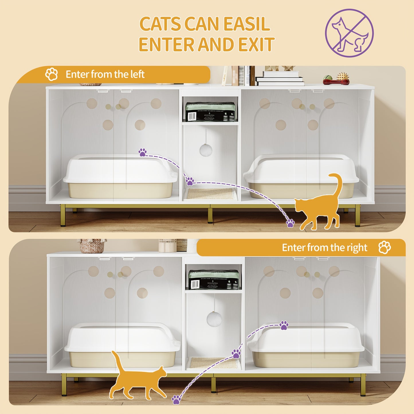 Kattenbakkast – Kattenkast – Kattenbak Meubel – Kattenhuis – Kattenbak Ombouw – Voor 2 Katten – Verborgen Kattenbak Met Opbergruimte – Wit Met Gouden Accenten – 140x48x62 cm – Inclusief Pluche Speelballen