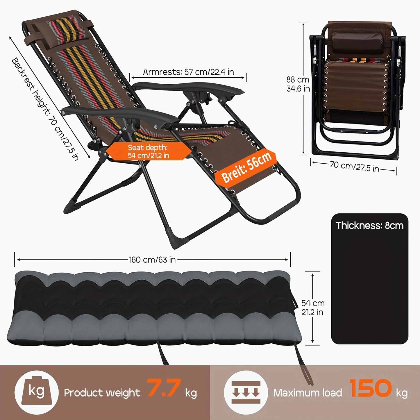 Ligstoel – Tuinstoel – Loungestoel – Zonnebed – Campingstoel – Extra breed – Aluminium frame tot 150 kg – Inklapbaar met verstelbare rugleuning en nekkussen