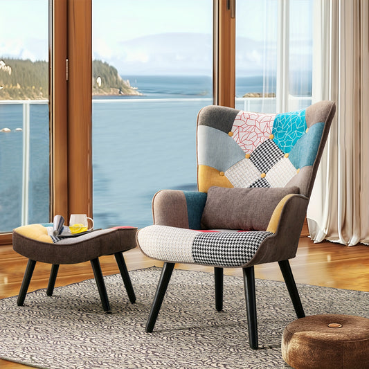 Colorful Patchwork Linen Armchair with Footrest, Scandinavian Solid Wood Design, Ergonomic Lumbar Support, Comfortable Decorative Seating for Living Room or Office, Modern Wingback Style with Sponge Cushion, Living Room Seati
