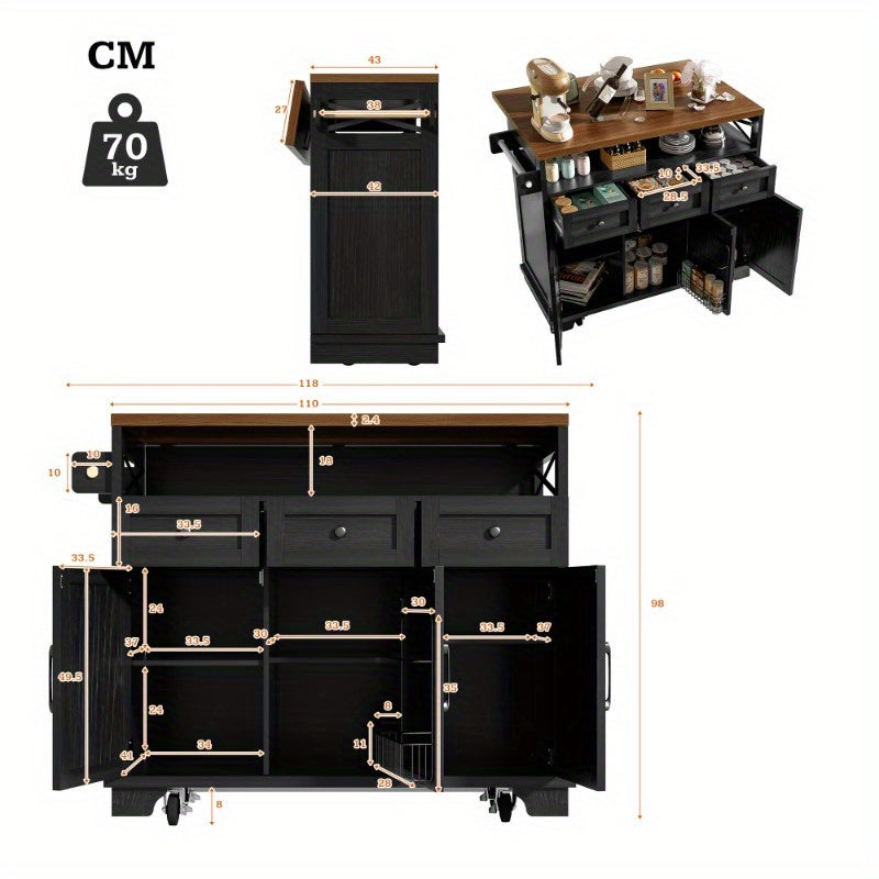 Modern Kitchen Island Cart 118x43x80x98cm - Metal Frame with Wood Grain Black Finish, 4 Locking Wheels, Removable Partitions & Towel Holder, Multifunctional Storage Cabinet for Dining & Living Spaces, Kitchen Furniture, Versa