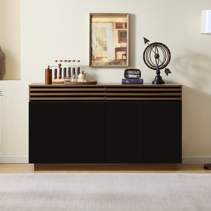 Contemporary Sideboard 150 X 40 X 85cm In Brown Wood Look with Black Doors, 2 Drawers And 4 Cupboard Doors, Spacious Storage And Stylish Design for Living Room, Dining Room And Kitchen., Dining Room Cabinet, Spacesaving Furni