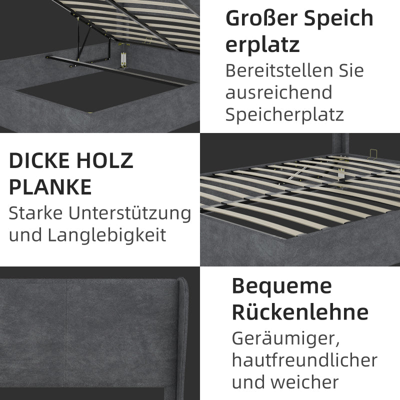 Bed – Ledikant – Slaapbank – Boxspring – Bedframe – Grijs Fluwelen Hoofdbord – Opbergruimte Met Gaslift – 160x200 cm – Modern Minimalistisch – Geen Montage Nodig