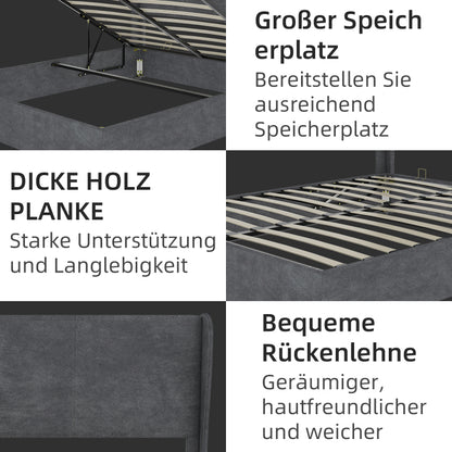 Bed – Ledikant – Slaapbank – Boxspring – Bedframe – Grijs Fluwelen Hoofdbord – Opbergruimte Met Gaslift – 160x200 cm – Modern Minimalistisch – Geen Montage Nodig