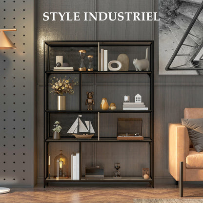 Boekenkast – Vakkenkast – Opbergkast – Rek – Kast – Industrieel Stalen Frame – 5 Lade Niveaus – 120x30x161 cm Grijs-Zwart