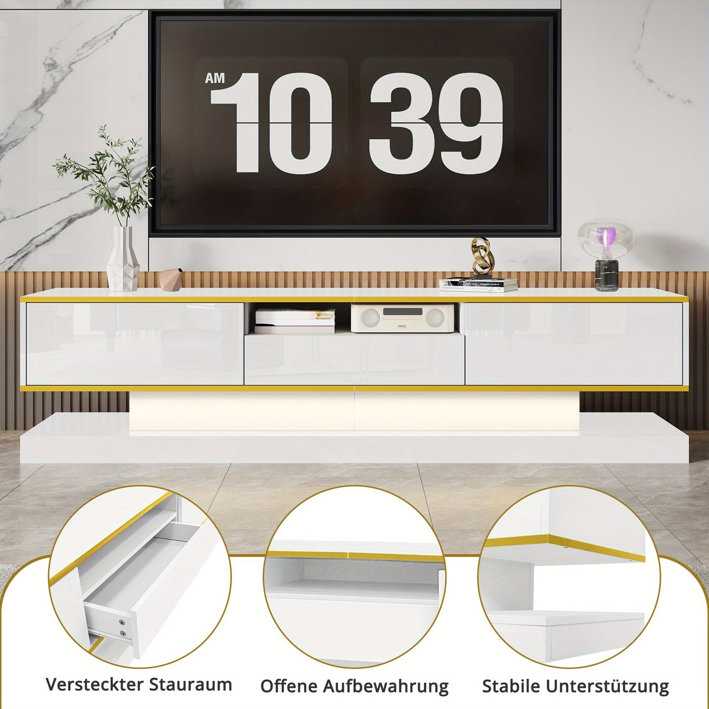 Tv Meubel – TV Kast – TV Meubelkast – Mediameubel – Entertainmentkast – Modern Design – Hoogglans Wit – 180x38x45 cm – 3 Lades en Open Vak – Zonder Stroom