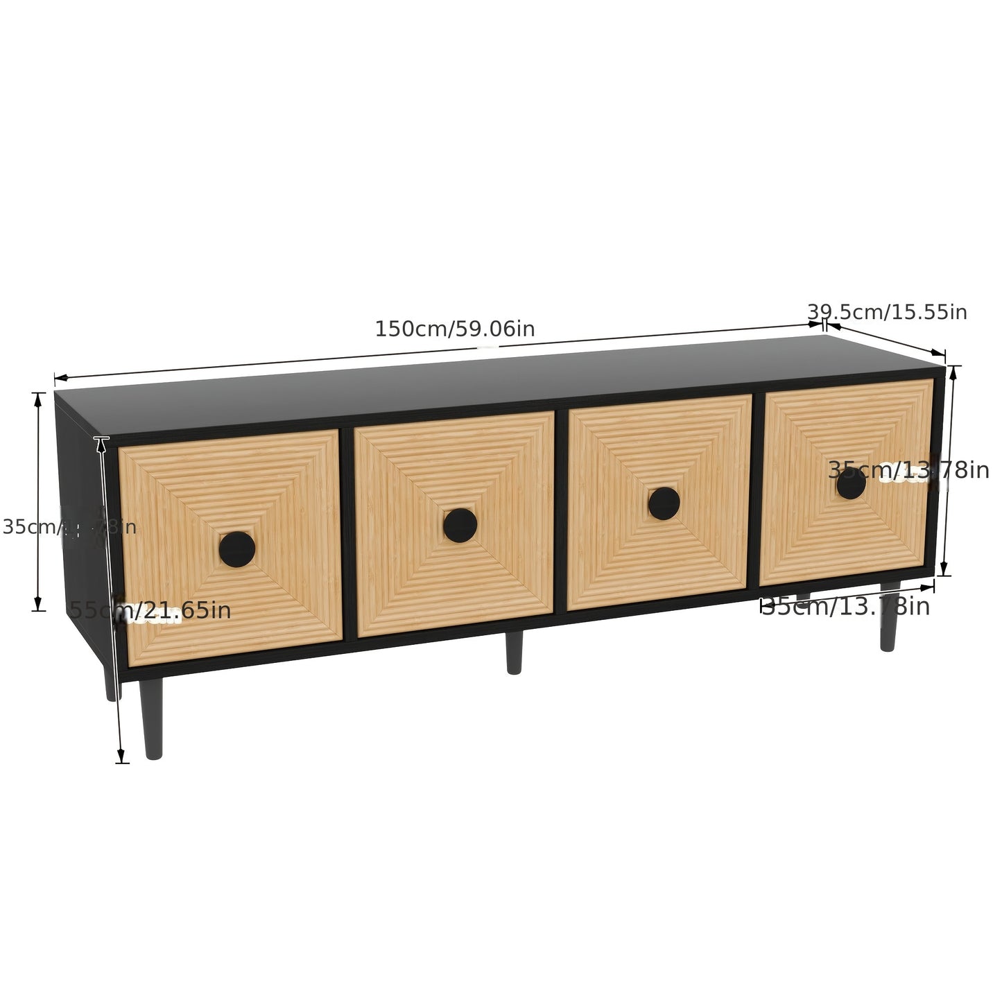 TV-meubel – Tv-kast – Lowboard – Media meubel – Entertainment kast – Zwart met bamboe – Laag design 150x38x55 cm – Ruime opbergruimte