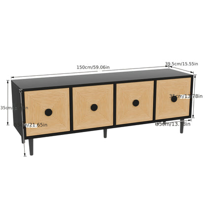 TV-meubel – Tv-kast – Lowboard – Media meubel – Entertainment kast – Zwart met bamboe – Laag design 150x38x55 cm – Ruime opbergruimte