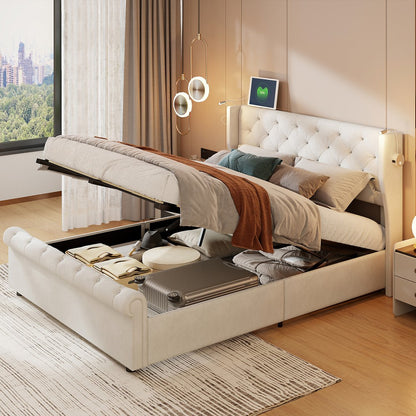 Opbergbed – Gestoffeerd Bed – Tweepersoonsbed – Bedkoffer – Opbergmeubel – 140x190 cm – Off-white Velvet – Hydraulisch Systeem & USB Leeslamp