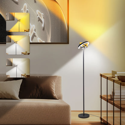 LED Vloerlamp – Staande Lamp – Sfeerverlichting – Vloerlicht – Moderne Lamp – Zwart – Dimbare Warmte Tot Koel Wit Licht 1900K-6500K – 312° Draaibare Dubbele Ring Met Afstandsbediening En Touchbediening