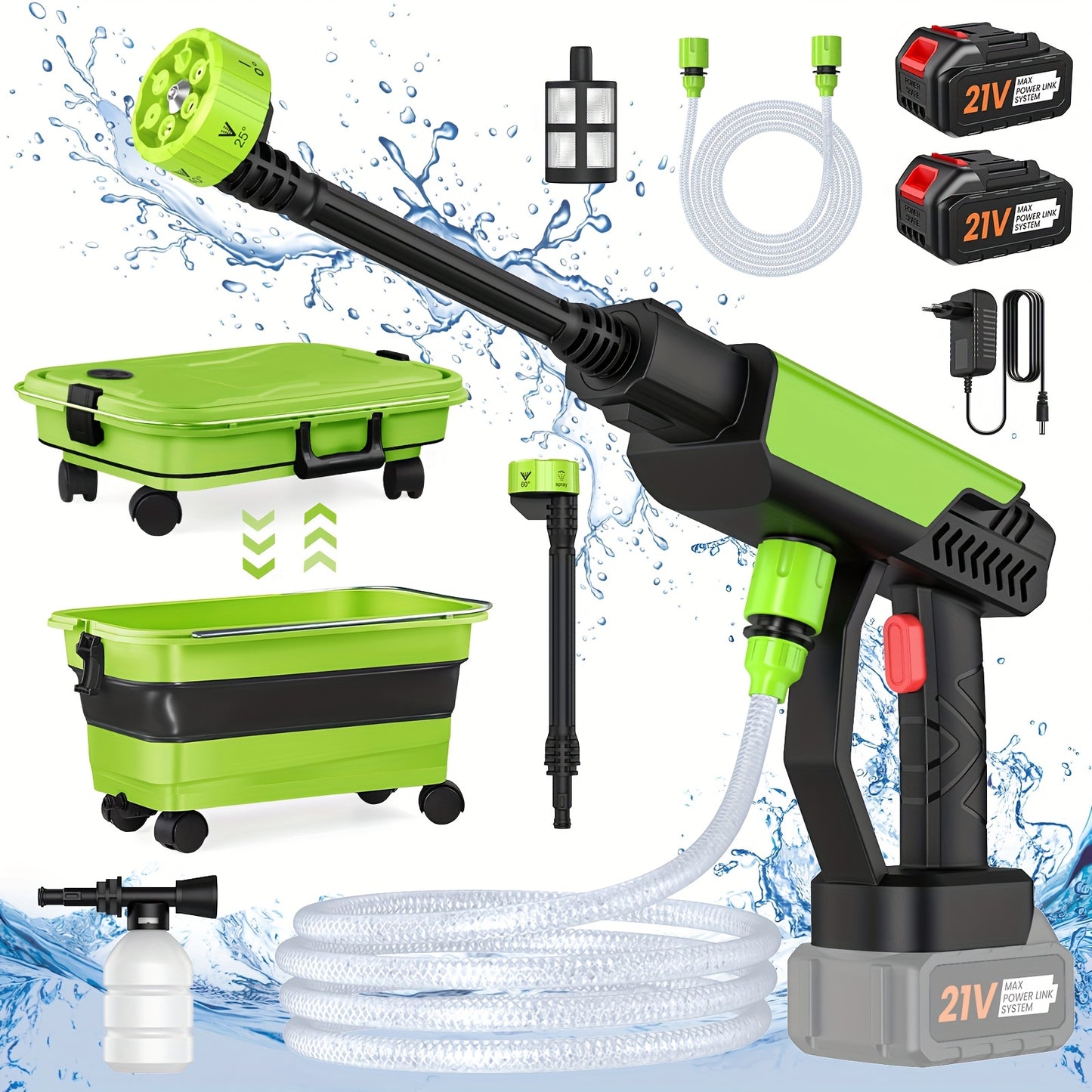 Draadloos Hogedruk Waterpistool – Elektrisch Hogedrukreiniger – Auto Reinigingspistool – Draagbare Waterstraalspuit – Foam Waterpistool – 30 Bar Max Druk – Inklapbaar Waterreservoir – Compatibel Met 18V/21V Batterijen