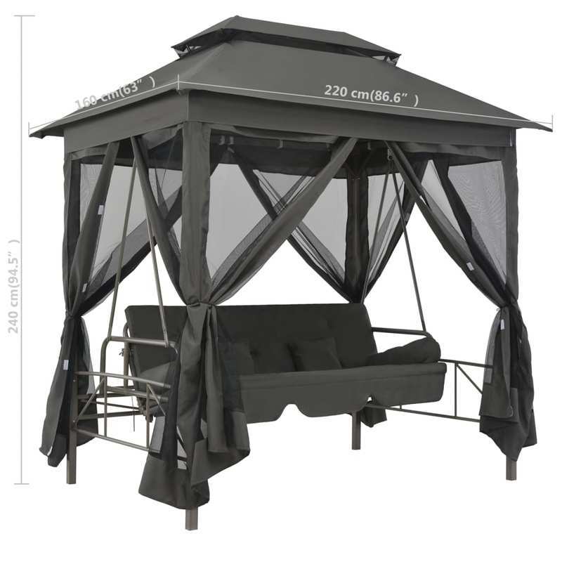 Schommelbank – Schommelstoel – Tuinbank – Schommelbank Met Dak – Swingbank Antraciet – Robuust Stalen Frame – Groot Formaat 220x160x240 cm