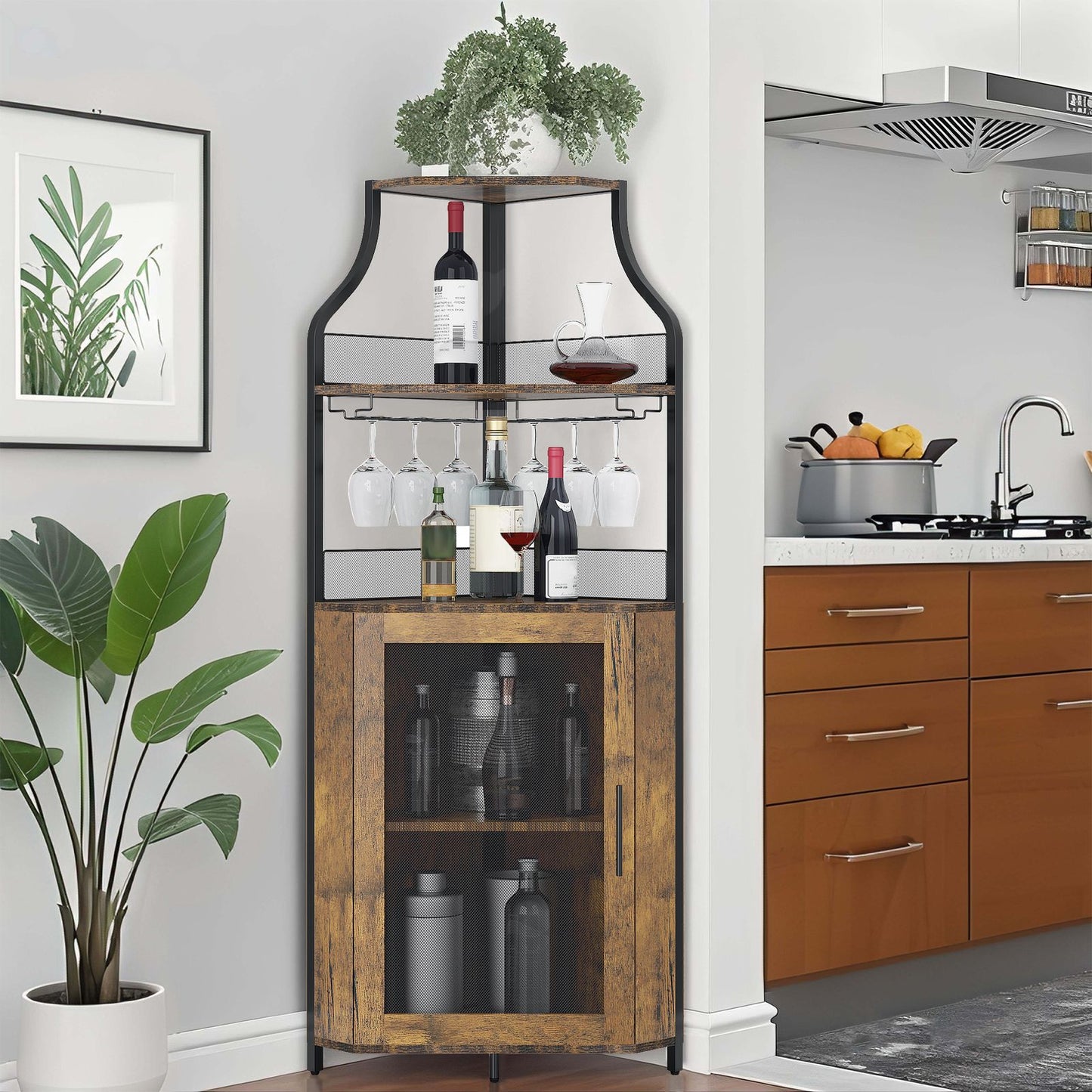 Modern Wine & Liquor Corner Bar Cabinet with Glass Rack - -Standing Storage Cabinet Suitable for Living Room, Dining Room - Wine Shelf with Mesh Door & Assembly Required