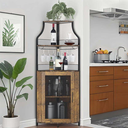 Modern Wine & Liquor Corner Bar Cabinet with Glass Rack - -Standing Storage Cabinet Suitable for Living Room, Dining Room - Wine Shelf with Mesh Door & Assembly Required