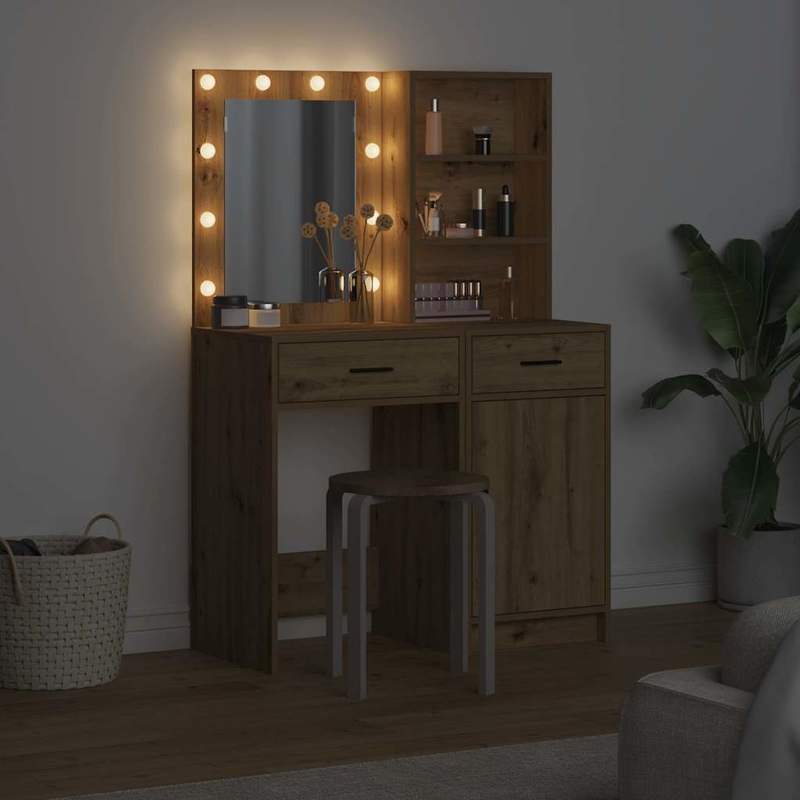 Kaptafelset – Make-uptafel – Schminktisch – Vanity – Beautytafel – Eikenkleur – Compact Formaat 50x41x135 cm – Hoogwaardig Houtmateriaal