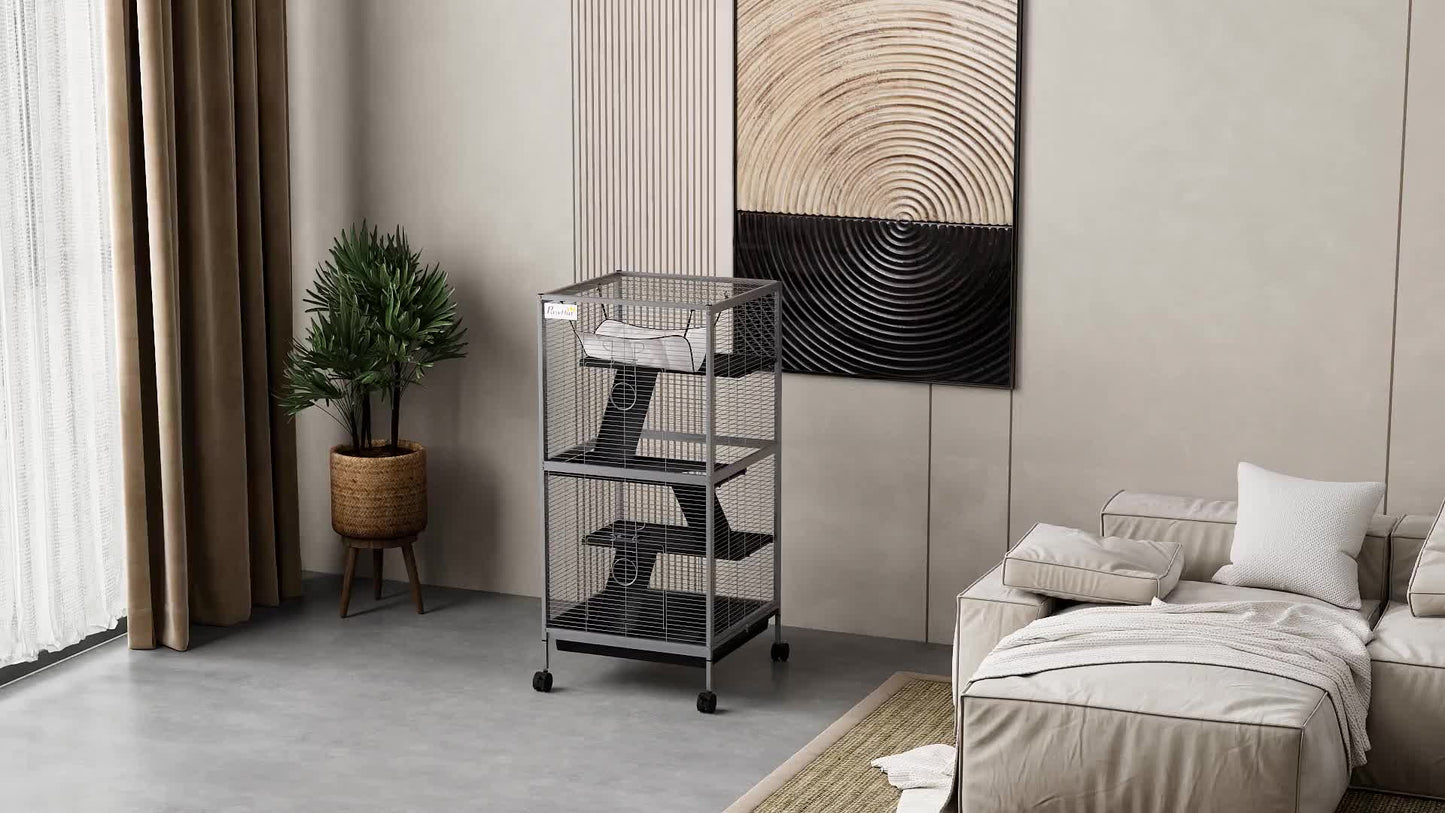 Dierenkooi – Knaagdierkooi – Chinchillakooi – Frettenkooi – Kleine Dieren Kooi – Met 4 Wielen En 2 Deuren – 3 Ramps En Hangmat – Wit – Metaal – 52x52x113,5 cm